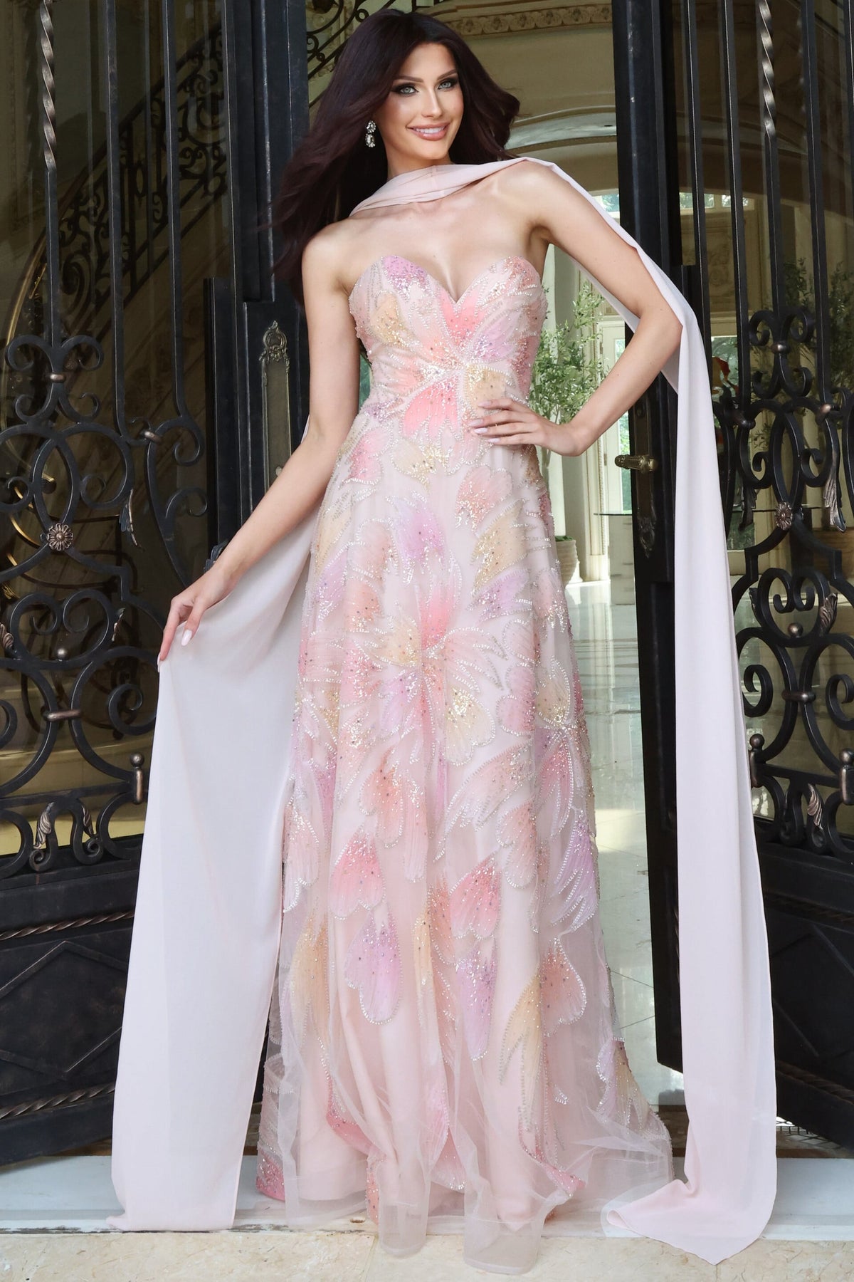 Jovani Evening Dress 00 / Pink Jovani 52350 Strapless Embellished Floral Motif A-Line Gown