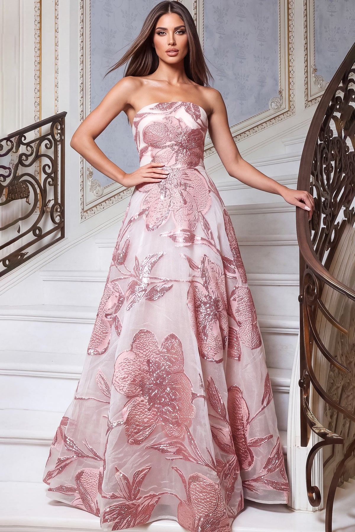 Jovani Evening Dress 00 / Pink Jovani 55687 Strapless Sequin Floral A Line Evening Gown