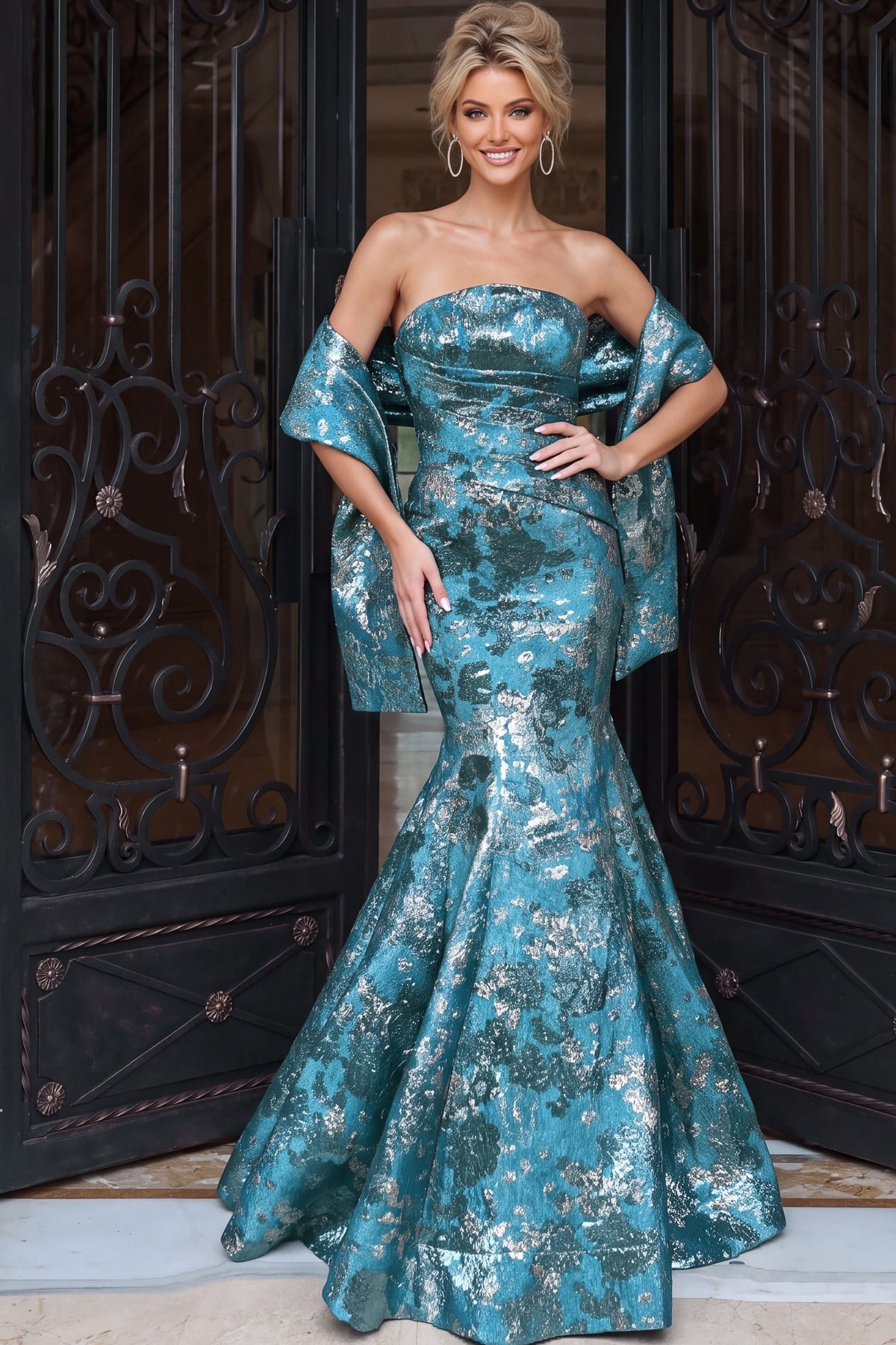 Jovani Evening Dress 00 / Pink/Multi Jovani 51634 Strapless Metallic Brocade Mermaid Gown
