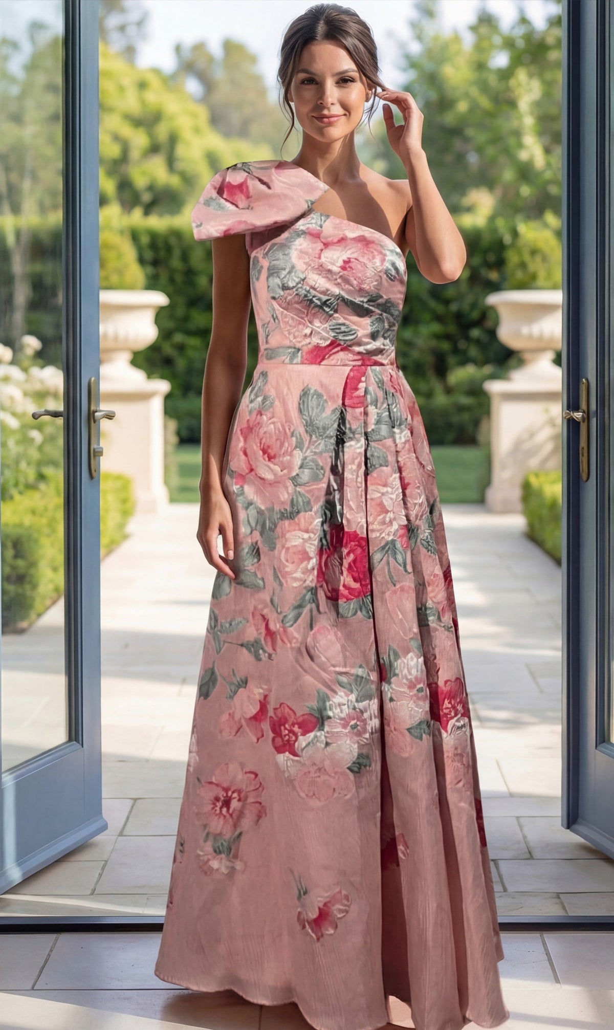 Jovani Evening Dress 00 / Pink Multi Jovani 52377 Floral Brocade One Shoulder Bow A Line Gown