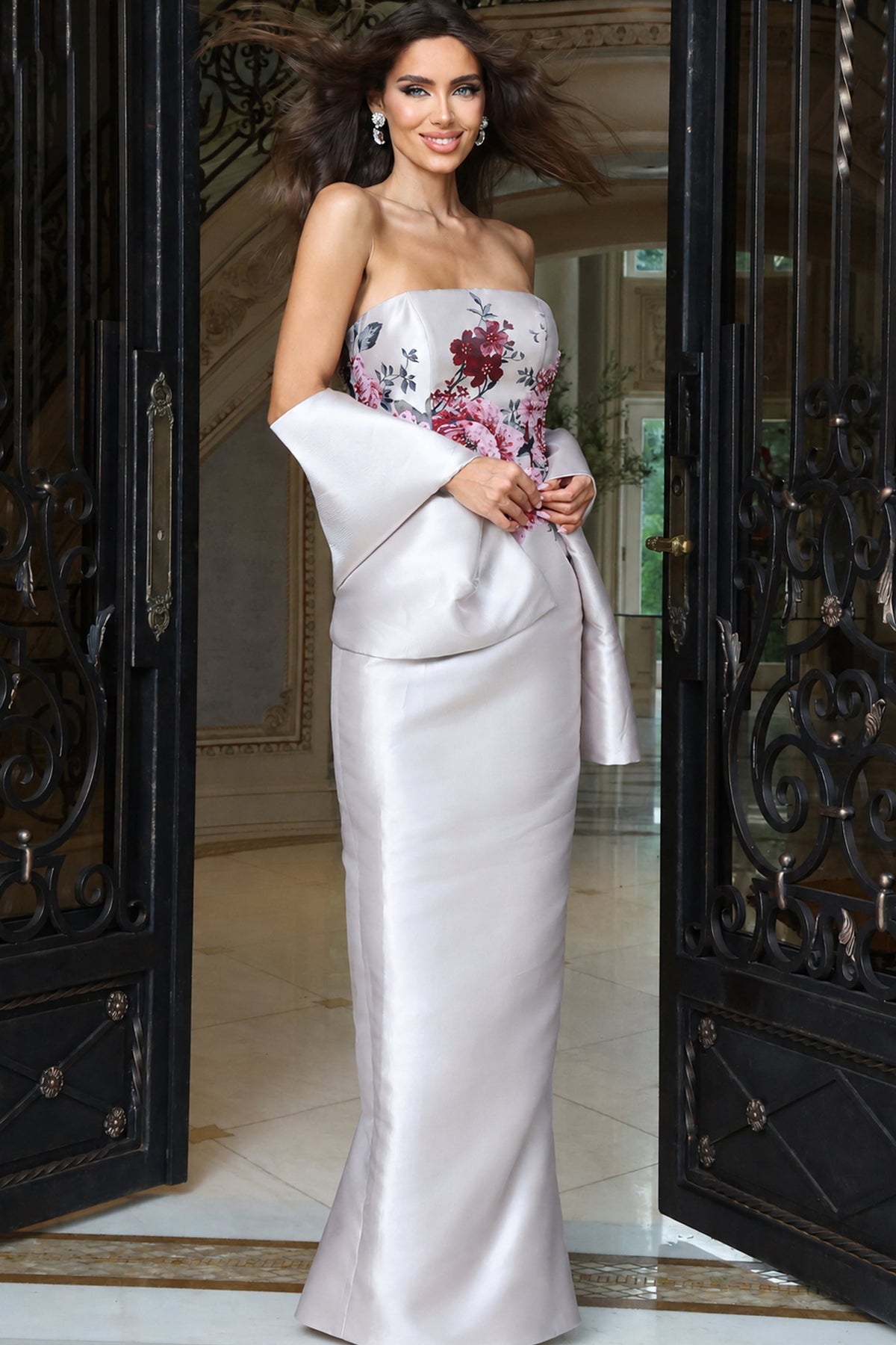 Jovani Evening Dress 00 / Pink Multi Jovani 53418 Strapless Floral Satin Column Gown