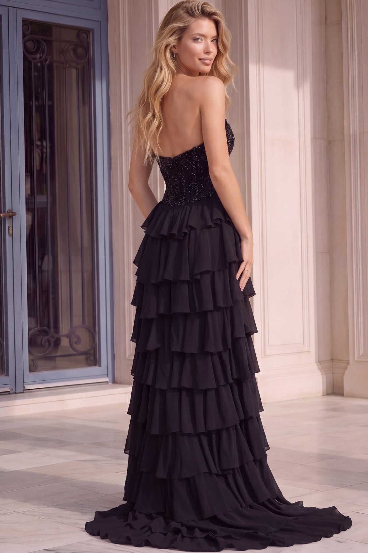 Jovani Evening Dress Beaded Gown with High Slit and Ruffle Details - Jovani 48992
