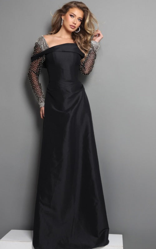 Jovani Evening Dress Black Off Shoulder Long Sleeve Beaded Dress - Jovani 46769