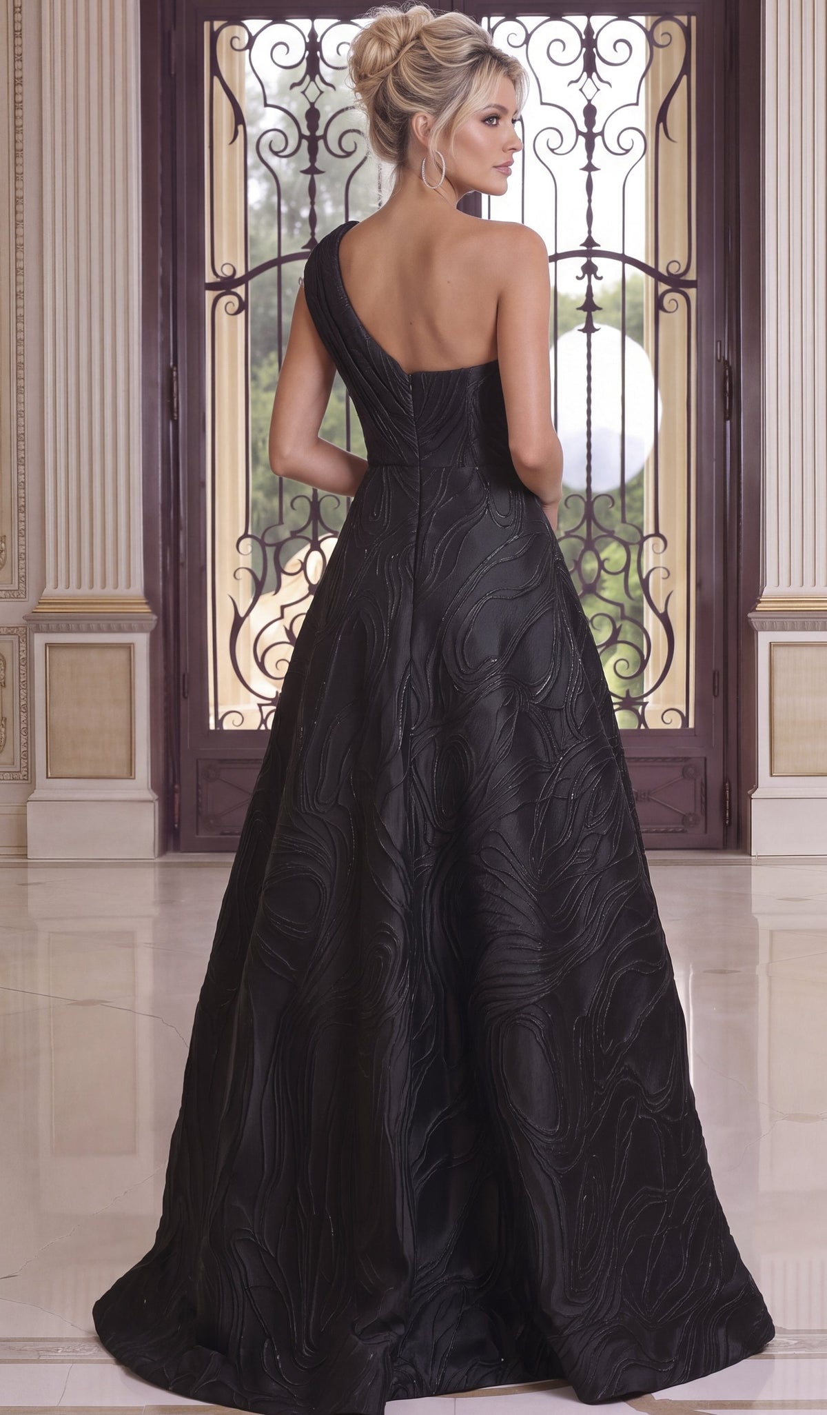 Jovani Evening Dress Black One Shoulder Beaded Waist A Line Gown - Jovani 52358