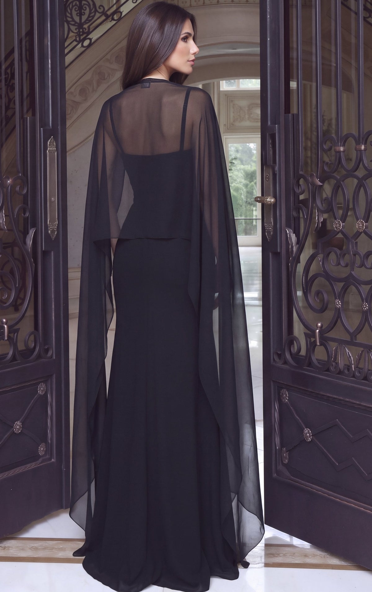 Jovani Evening Dress Black Strapless Beaded Cape Mermaid Gown - Jovani 54605