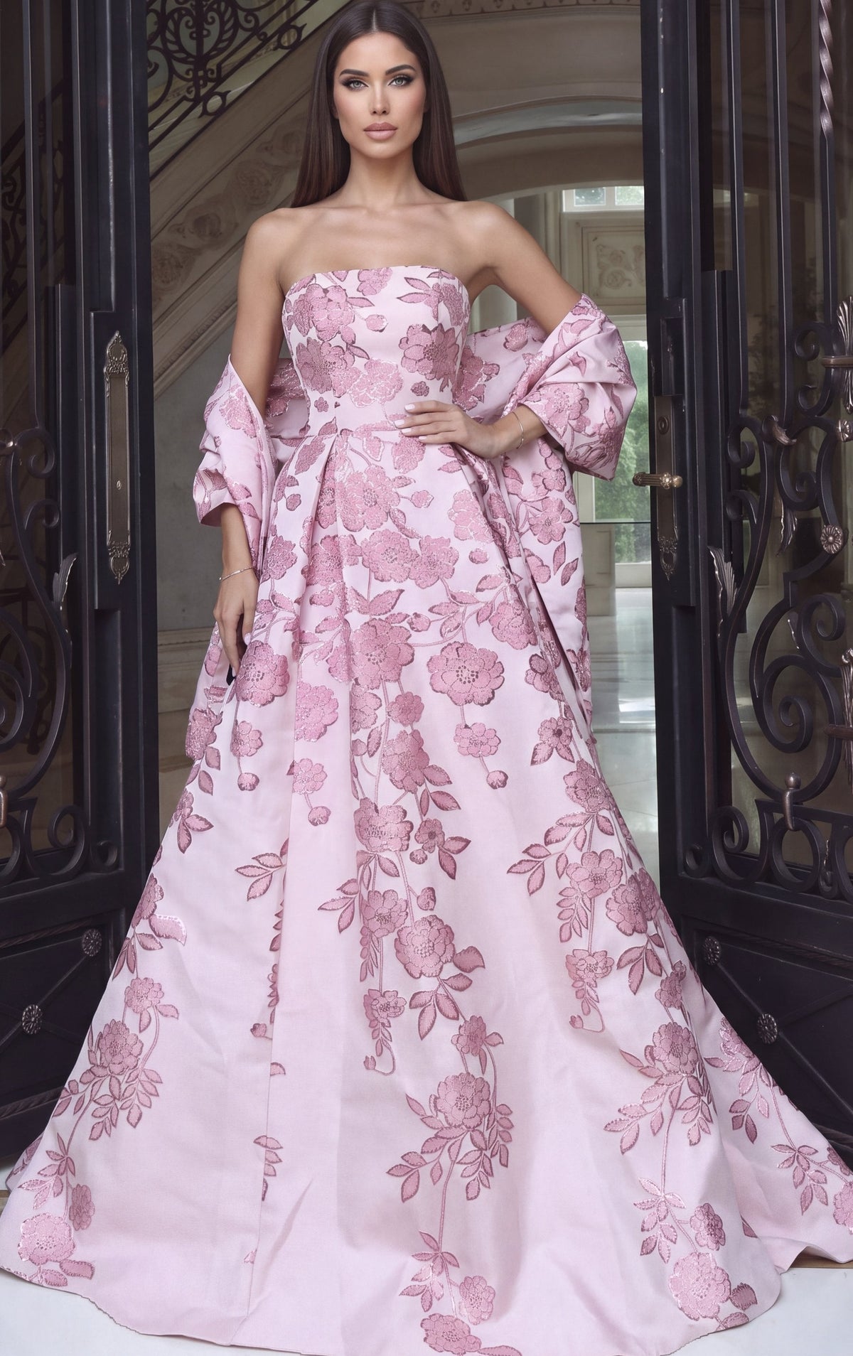 Jovani Evening Dress Blush Pink Strapless Floral Jacquard Ball Gown - Jovani 54619