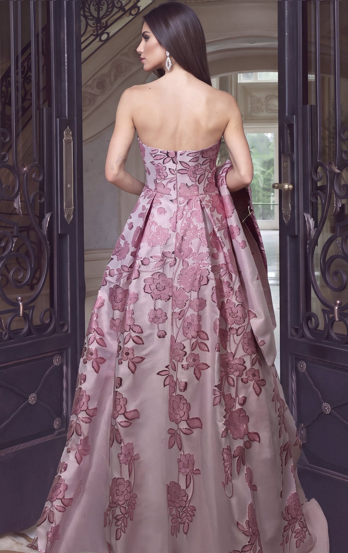 Jovani Evening Dress Blush Pink Strapless Floral Jacquard Ball Gown - Jovani 54619