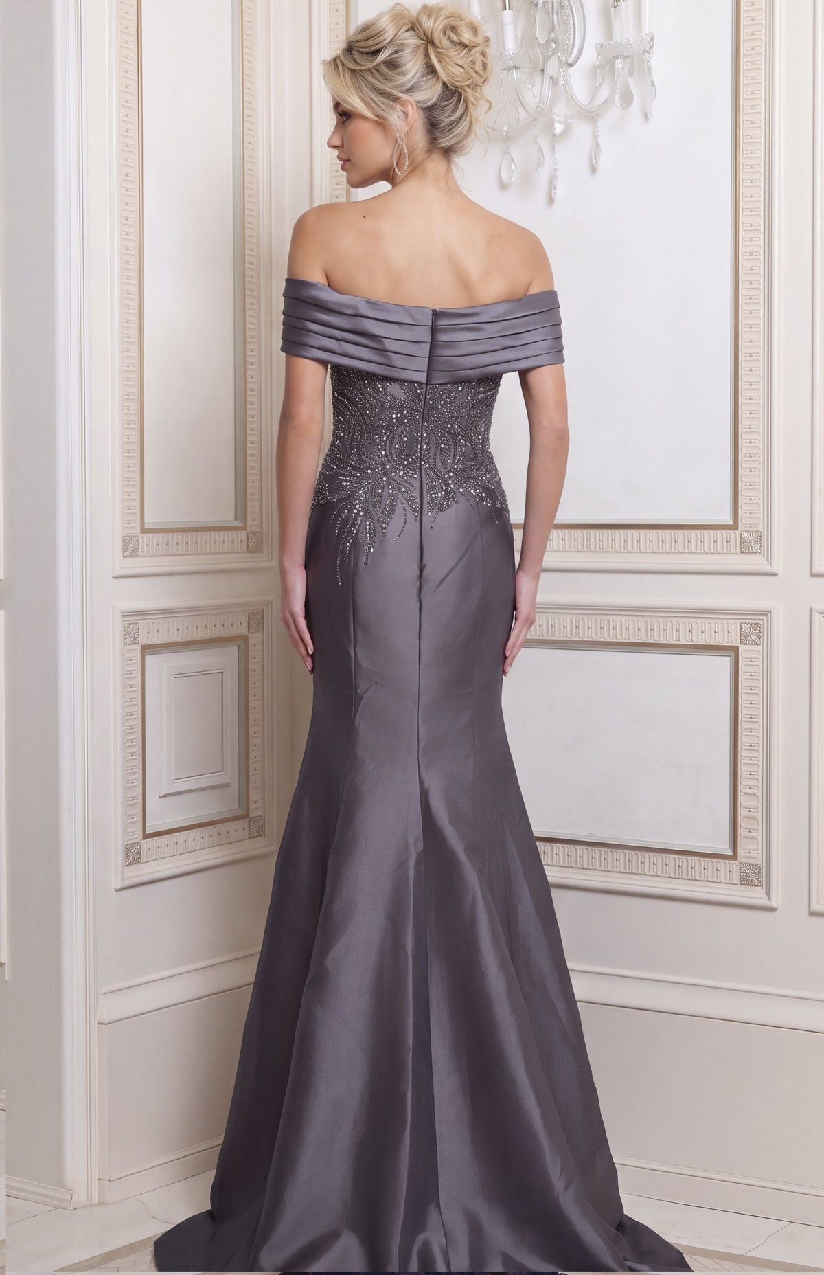 Jovani Evening Dress Charcoal Grey Off Shoulder Beaded Mermaid Gown - Jovani 52036