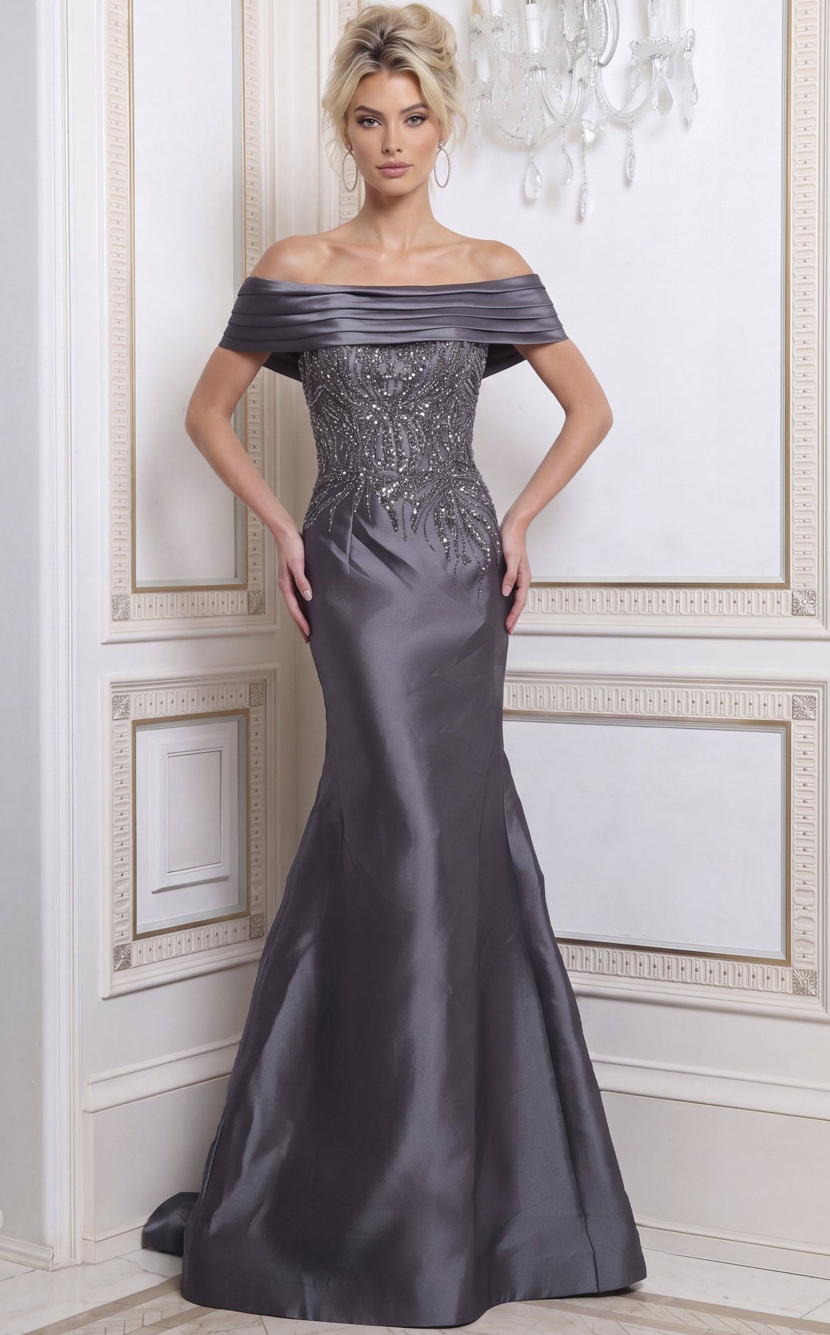Jovani Evening Dress Charcoal Grey Off Shoulder Beaded Mermaid Gown - Jovani 52036