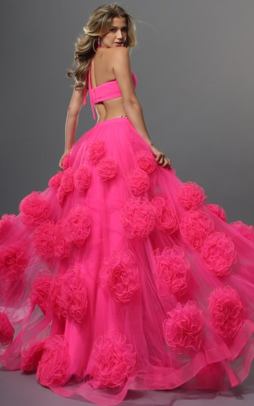 Jovani Evening Dress Hot Pink Crop Top 3D Floral Tulle Two Piece Ball - Jovani 45343