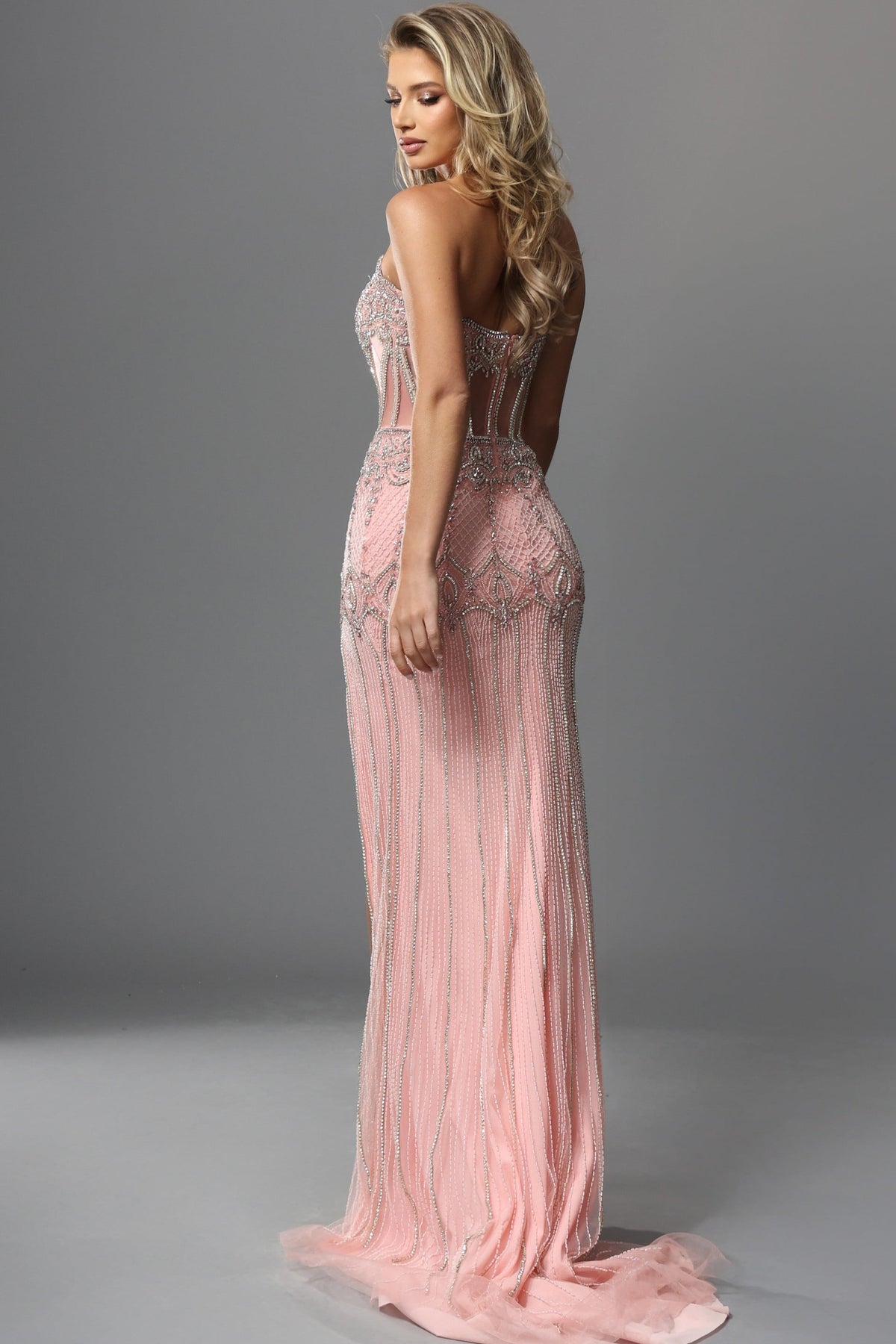 Jovani Evening Dress Ice Pink Beaded Sheer Bodice High Slit Trumpet Dress - Jovani 49735