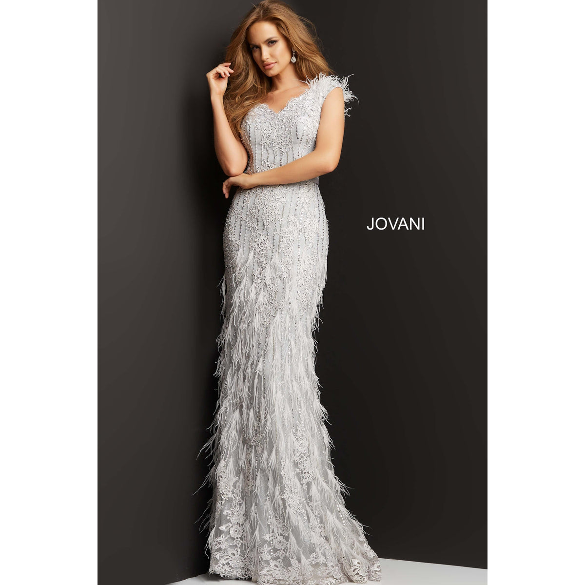 Jovani Evening Dress Jovani 03108 Silver Feather Embellished Evening Dress