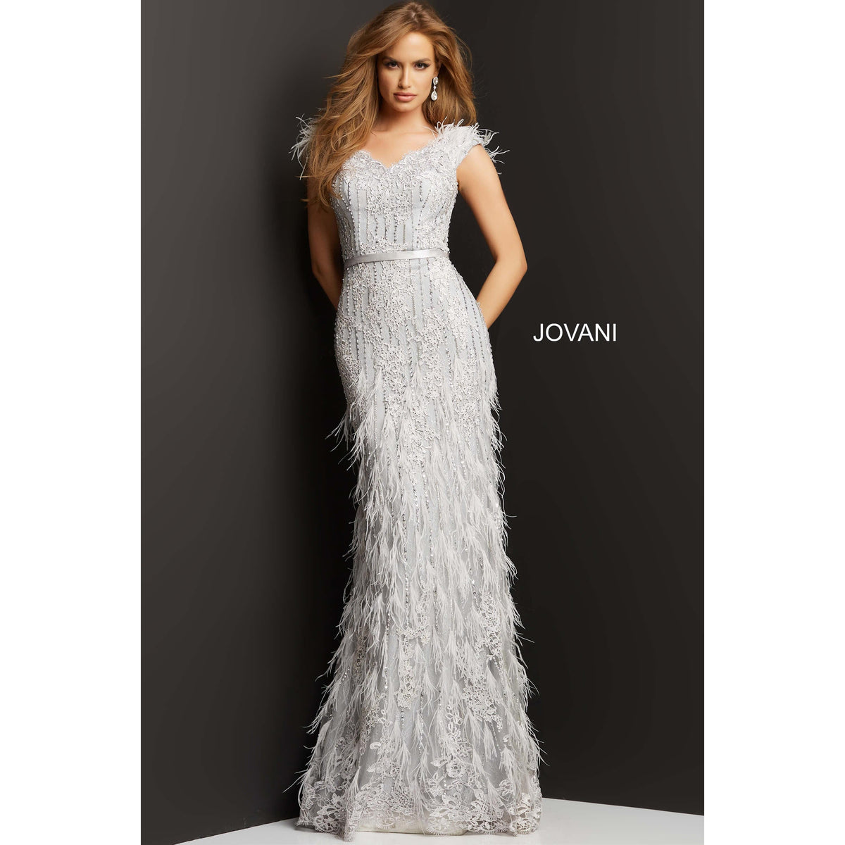 Jovani Evening Dress Jovani 03108 Silver Feather Embellished Evening Dress