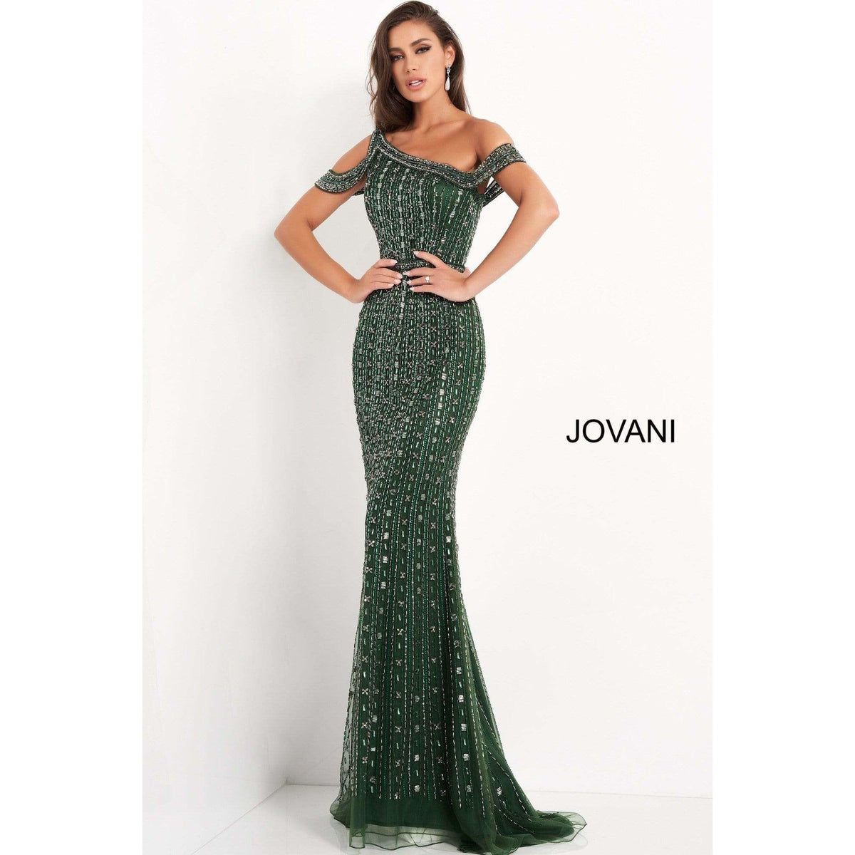 Jovani Evening Dress Jovani 03124 Emerald Beaded One Shoulder Evening Dress
