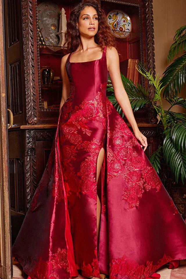Jovani Evening Dress Jovani 07441 Red Pleated Overskirt Sleeveless Prom Gown