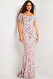 Jovani Evening Dress Jovani 07458 Pink Multi Sequin Embellished Short Sleeve Dress