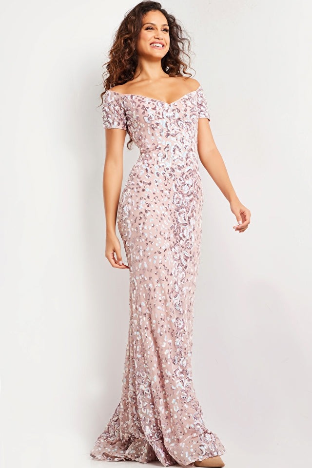 Jovani Evening Dress Jovani 07458 Pink Multi Sequin Embellished Short Sleeve Dress
