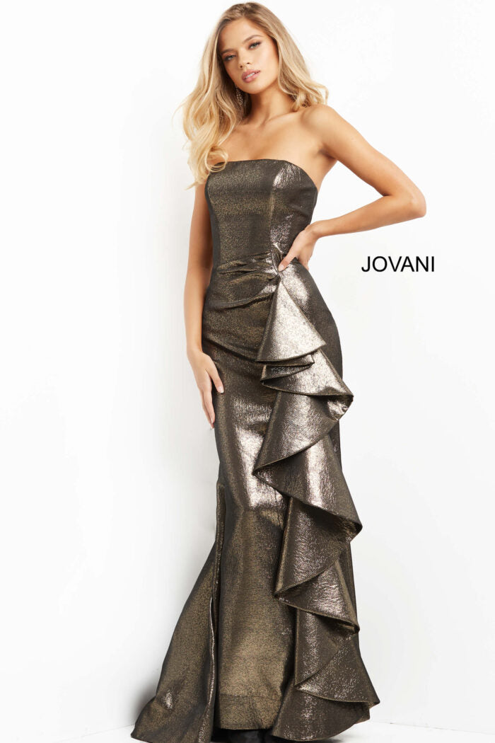 Jovani Evening Dress Jovani 07582 Bronze Metallic Strapless Evening Gown