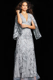 Jovani Evening Dress Jovani 09809 Silver Embroidered V Neck Evening Gown