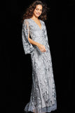 Jovani Evening Dress Jovani 09809 Silver Embroidered V Neck Evening Gown