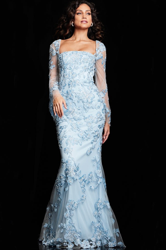 Jovani Evening Dress Jovani 220520 Light Blue Long Sheer Sleeves Embellished Gown