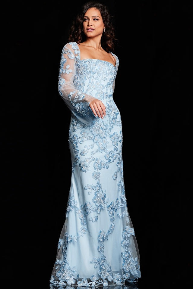 Jovani Evening Dress Jovani 220520 Light Blue Long Sheer Sleeves Embellished Gown