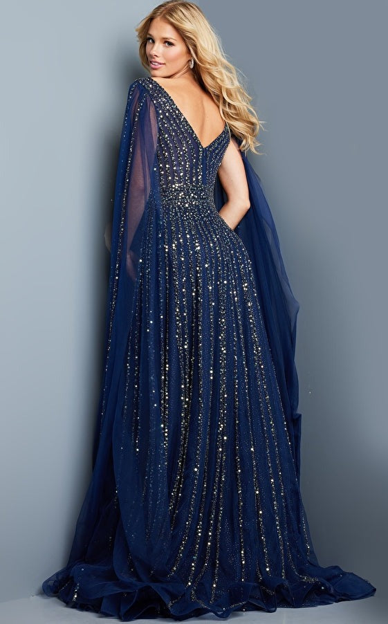 Jovani Evening Dress Jovani 23362 Navy Embellished Plunging Neckline A line Dress
