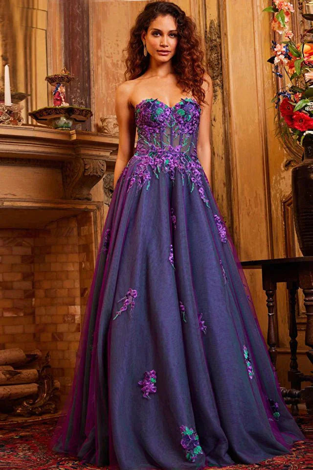 Jovani Evening Dress Jovani 23578 Purple Multi Strapless Embroidered Evening Gown