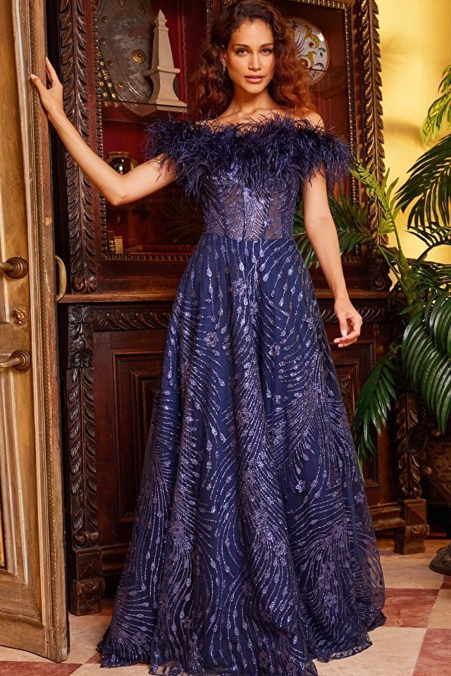 Jovani Evening Dress Jovani 23884 Navy Off the Shoulder embellished Evening Gown