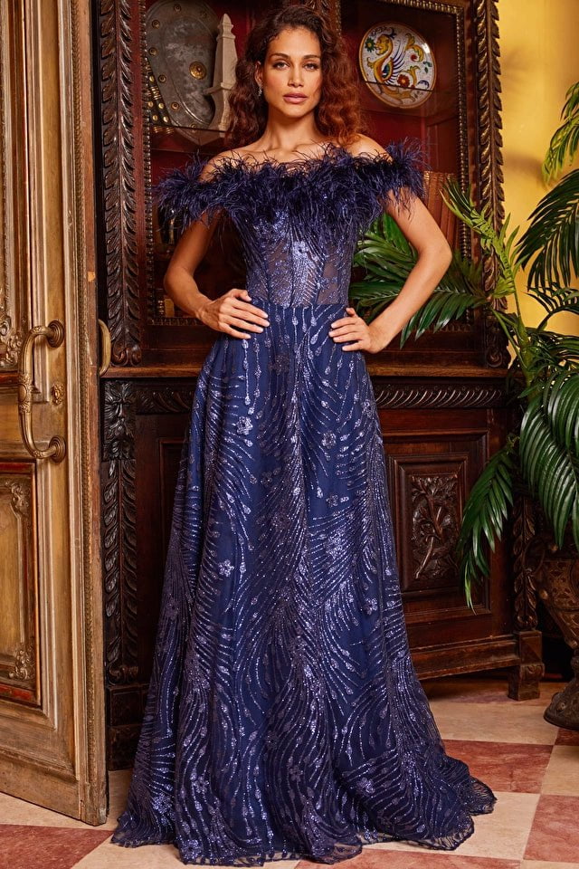 Jovani Evening Dress Jovani 23884 Navy Off the Shoulder embellished Evening Gown