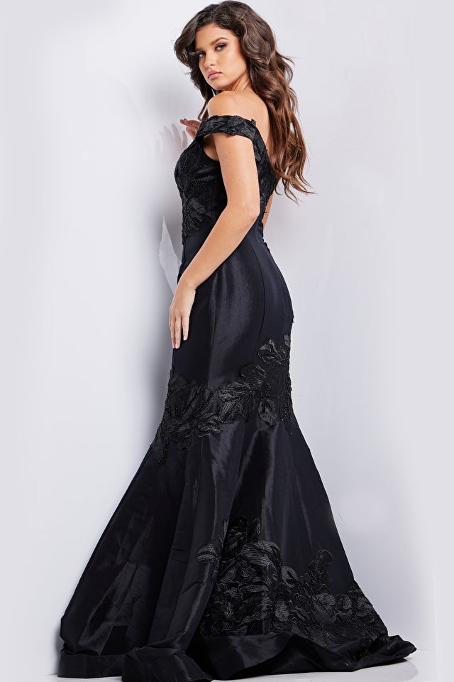 Jovani Evening Dress Jovani 23928 Black Off the Shoulder Embroidered Mermaid Dress