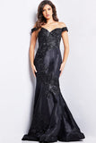 Jovani Evening Dress Jovani 23928 Black Off the Shoulder Embroidered Mermaid Dress