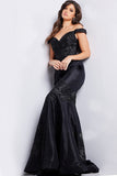 Jovani Evening Dress Jovani 23928 Black Off the Shoulder Embroidered Mermaid Dress