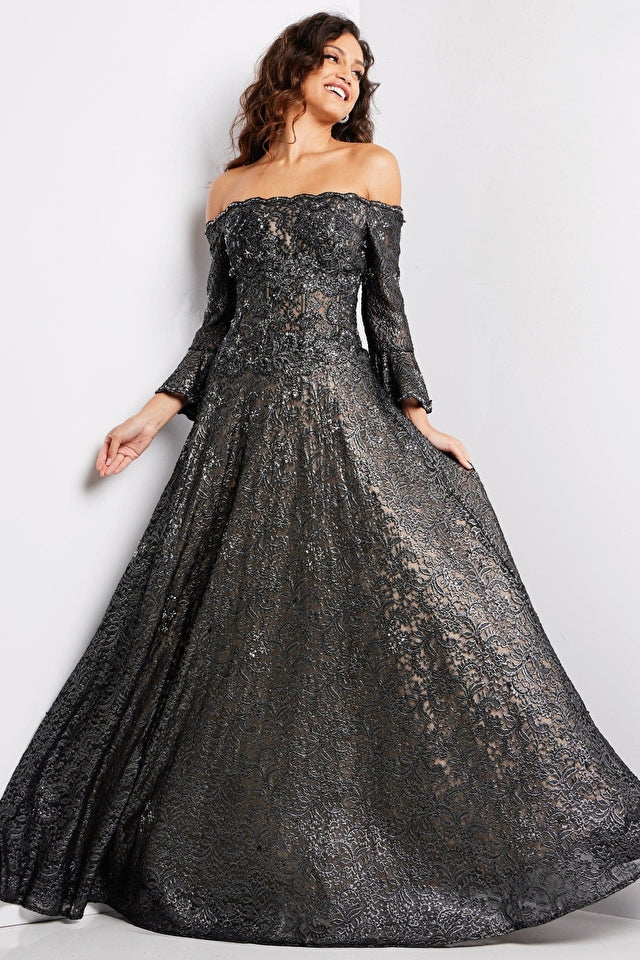 Jovani Evening Dress Jovani 23936 Gunmetal Off the Shoulder A Line Gown