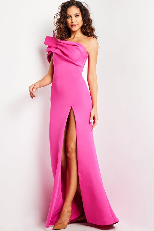 Jovani Evening Dress Jovani 24018 Fuchsia One Shoulder High Slit Dress