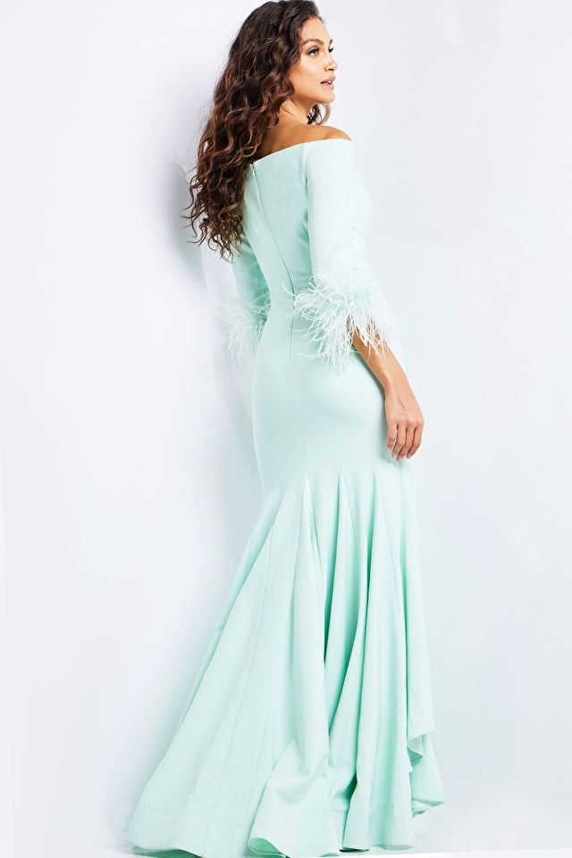 Jovani Evening Dress Jovani 24195 Mint Three Quarter Sleeve Ruched Gown