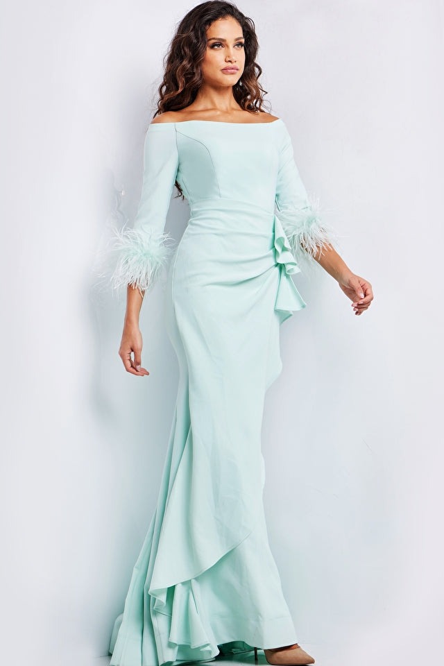 Jovani Evening Dress Jovani 24195 Mint Three Quarter Sleeve Ruched Gown