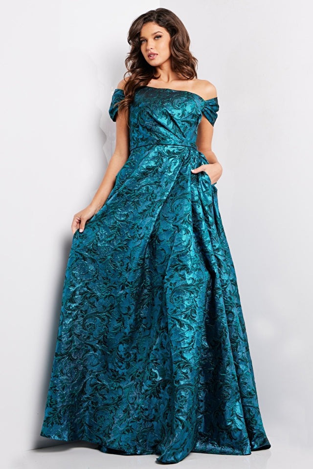 Jovani Evening Dress Jovani 25665 Peacock Teal A Line Off the Shoulder Dress