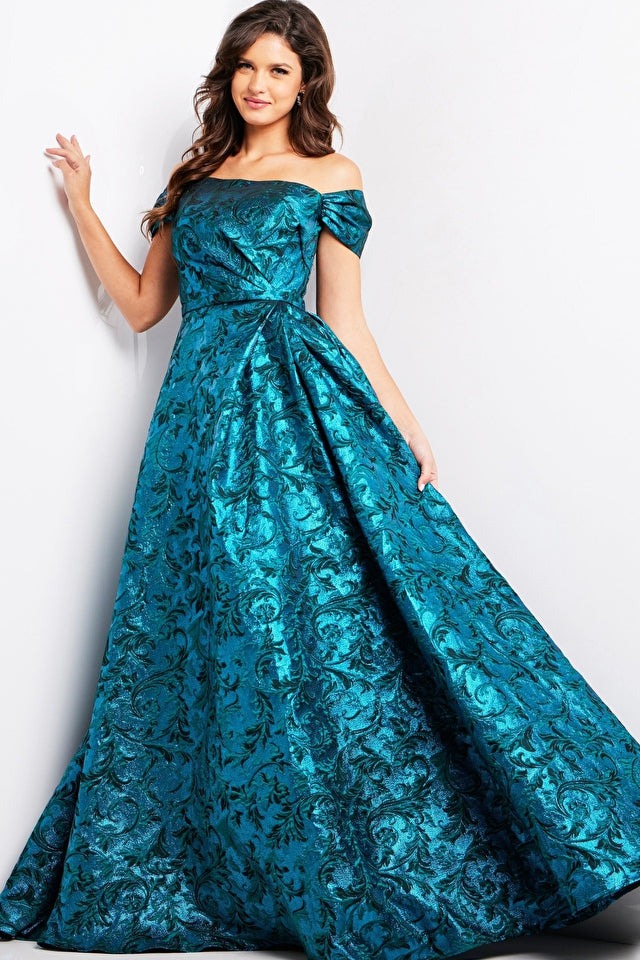 Jovani Evening Dress Jovani 25665 Peacock Teal A Line Off the Shoulder Dress