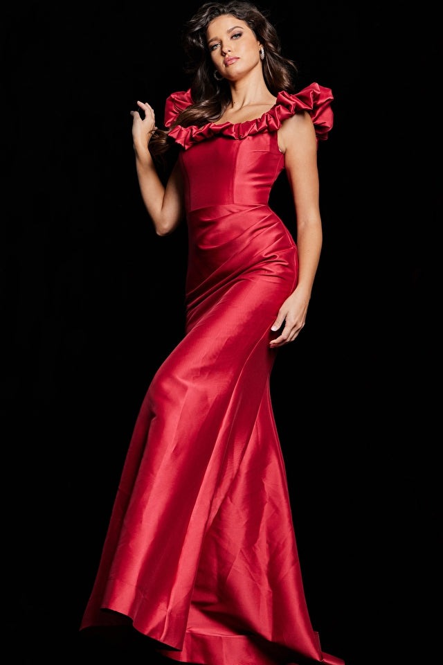 Jovani Evening Dress Jovani 25675 Red Ruffle Neckline Mermaid Dress