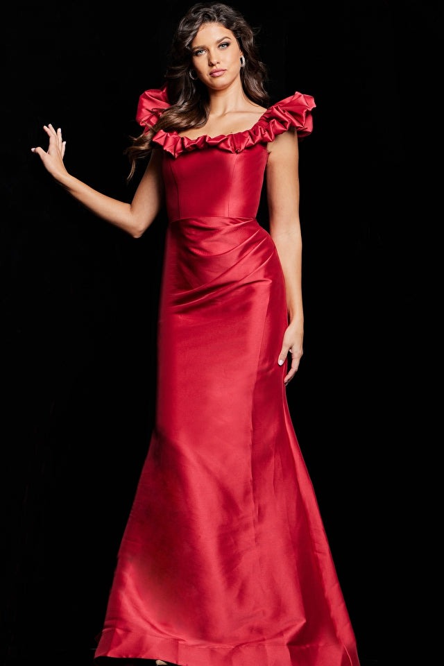 Jovani Evening Dress Jovani 25675 Red Ruffle Neckline Mermaid Dress