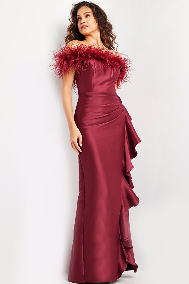 Jovani Evening Dress Jovani 25786 Burgundy Off the Shoulder Feather Neckline Dress