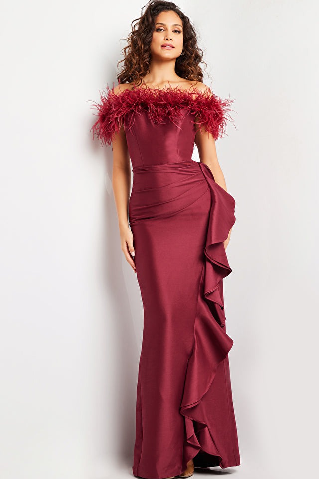 Jovani Evening Dress Jovani 25786 Burgundy Off the Shoulder Feather Neckline Dress