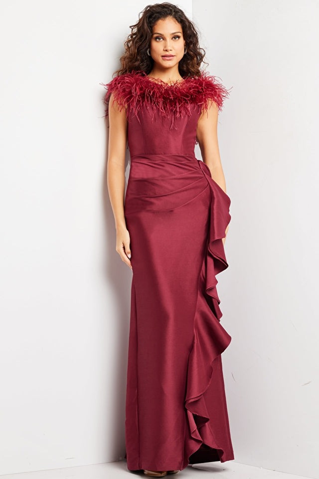 Jovani Evening Dress Jovani 25786 Burgundy Off the Shoulder Feather Neckline Dress