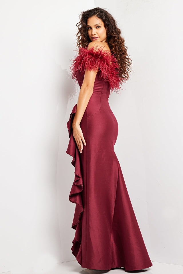 Jovani Evening Dress Jovani 25786 Burgundy Off the Shoulder Feather Neckline Dress