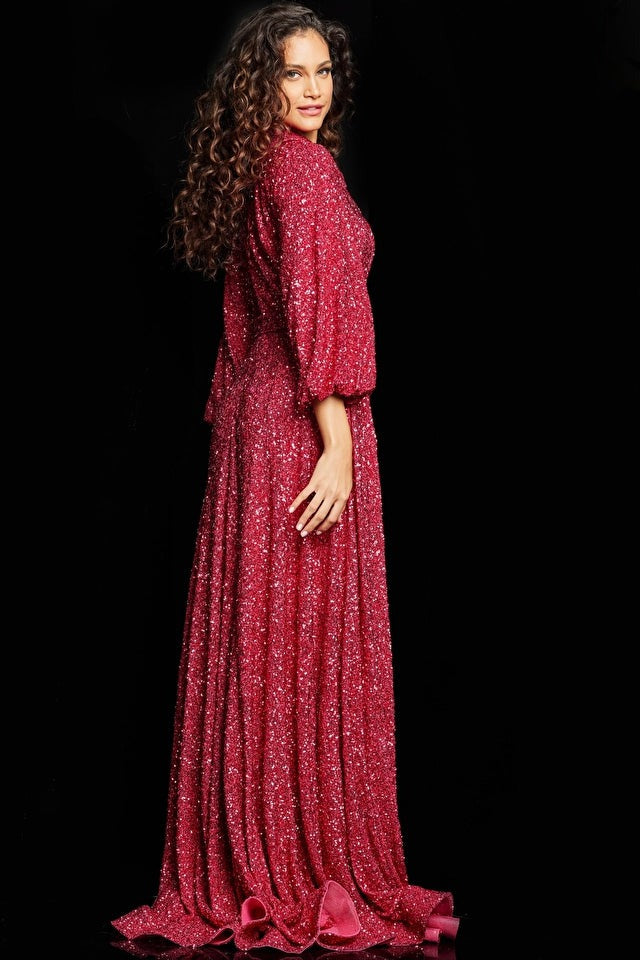 Jovani Evening Dress Jovani 25950 Raspberry Embellished Long Sleeve Dress