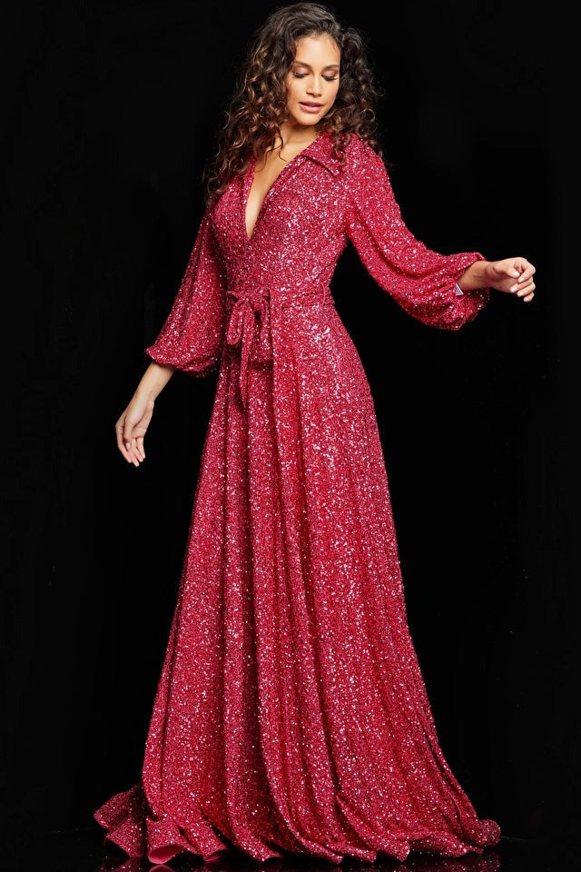 Jovani Evening Dress Jovani 25950 Raspberry Embellished Long Sleeve Dress