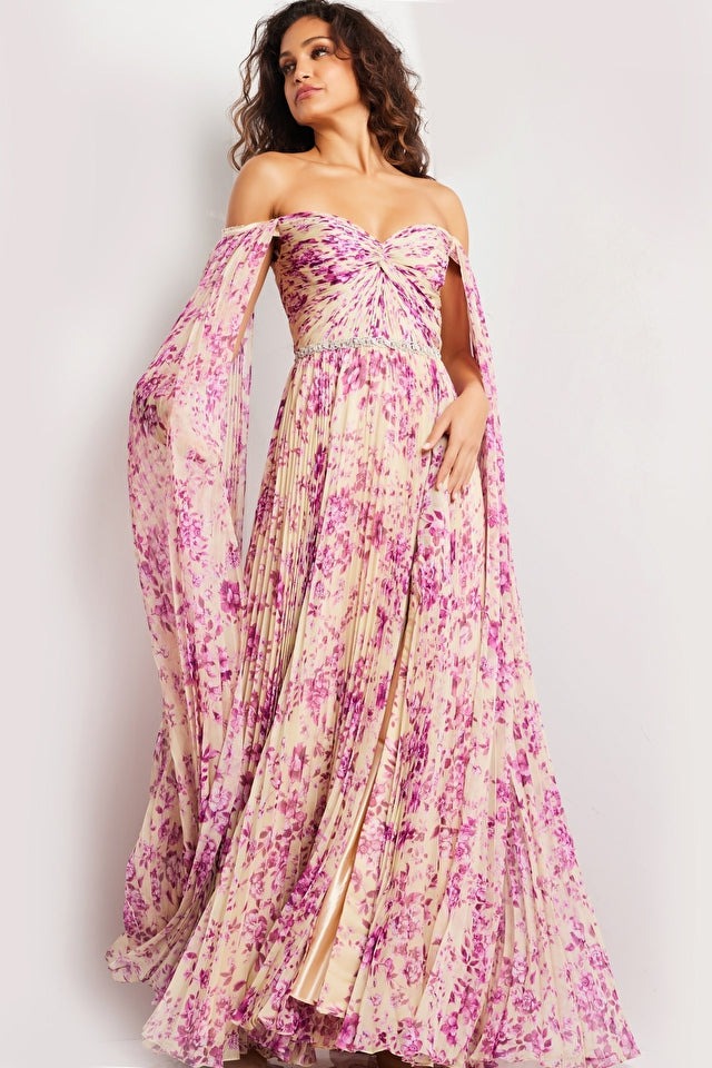 Jovani Evening Dress Jovani 26141 Print Off the shoulder Pleated Maxi Dress