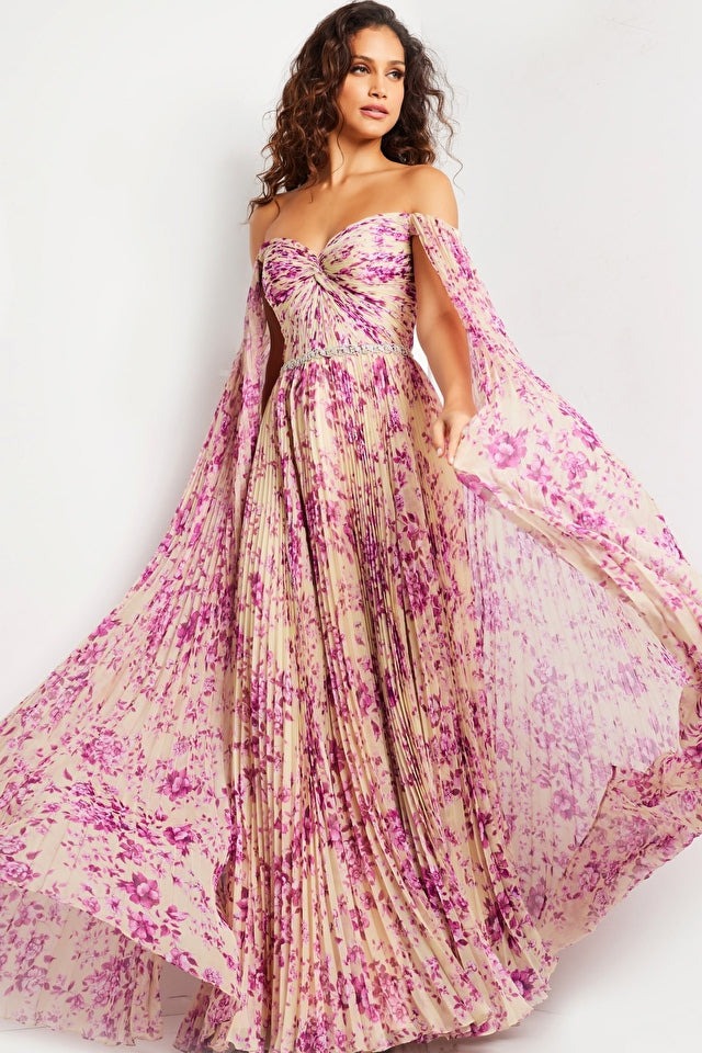 Jovani Evening Dress Jovani 26141 Print Off the shoulder Pleated Maxi Dress