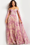 Jovani Evening Dress Jovani 26141 Print Off the shoulder Pleated Maxi Dress